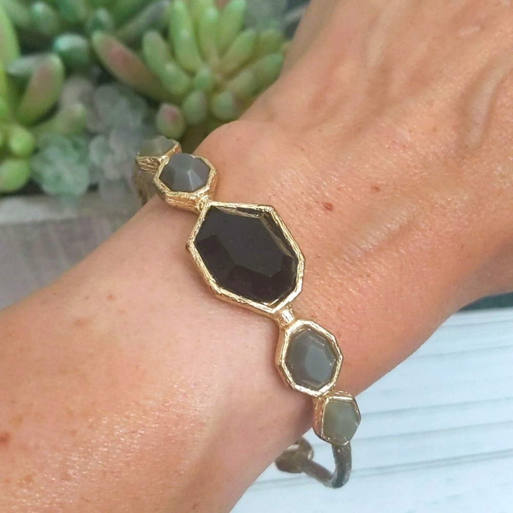 Textured Gold & Gemstone Bangle Bracelet - Costume Jewelry